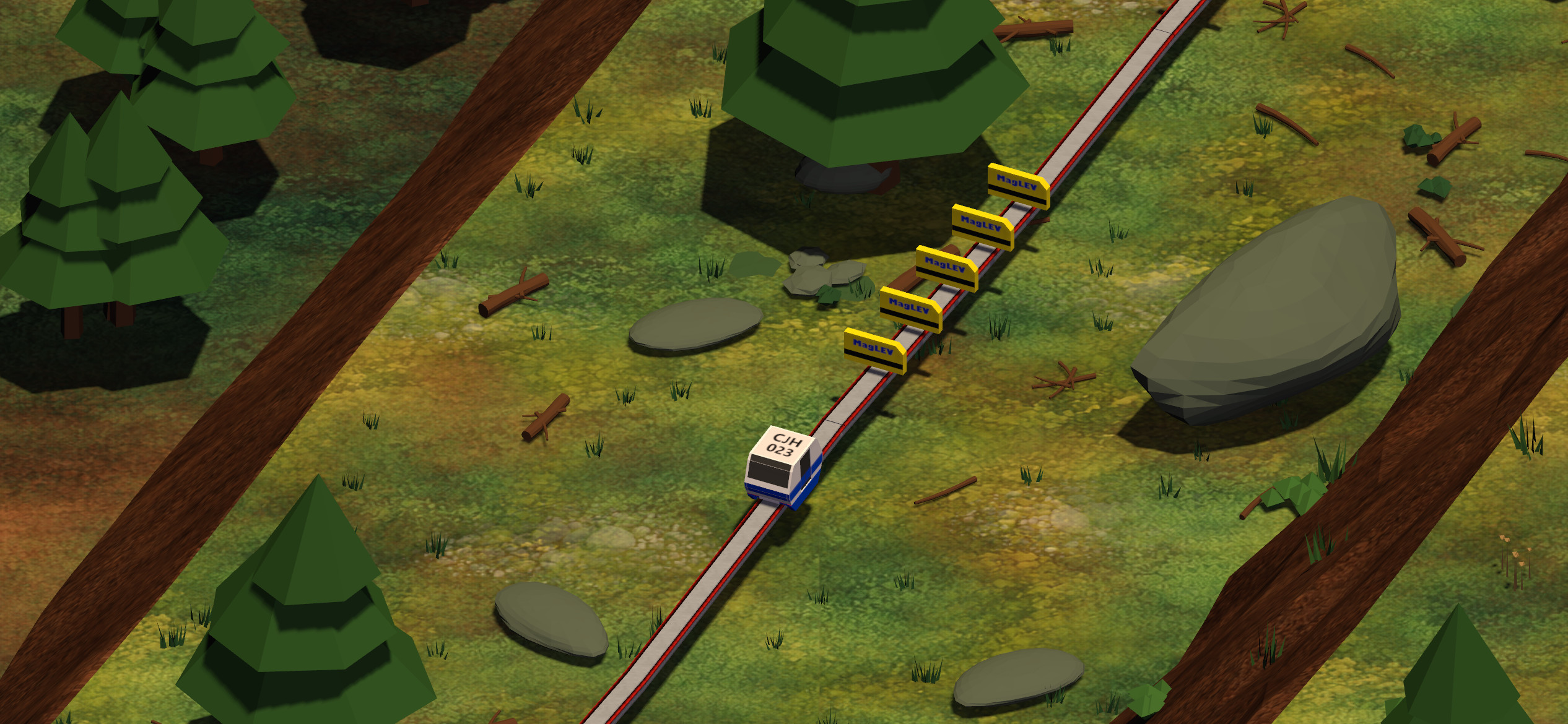 Isometric view of the Insane Train maglev vehicle traveling through forest terrain